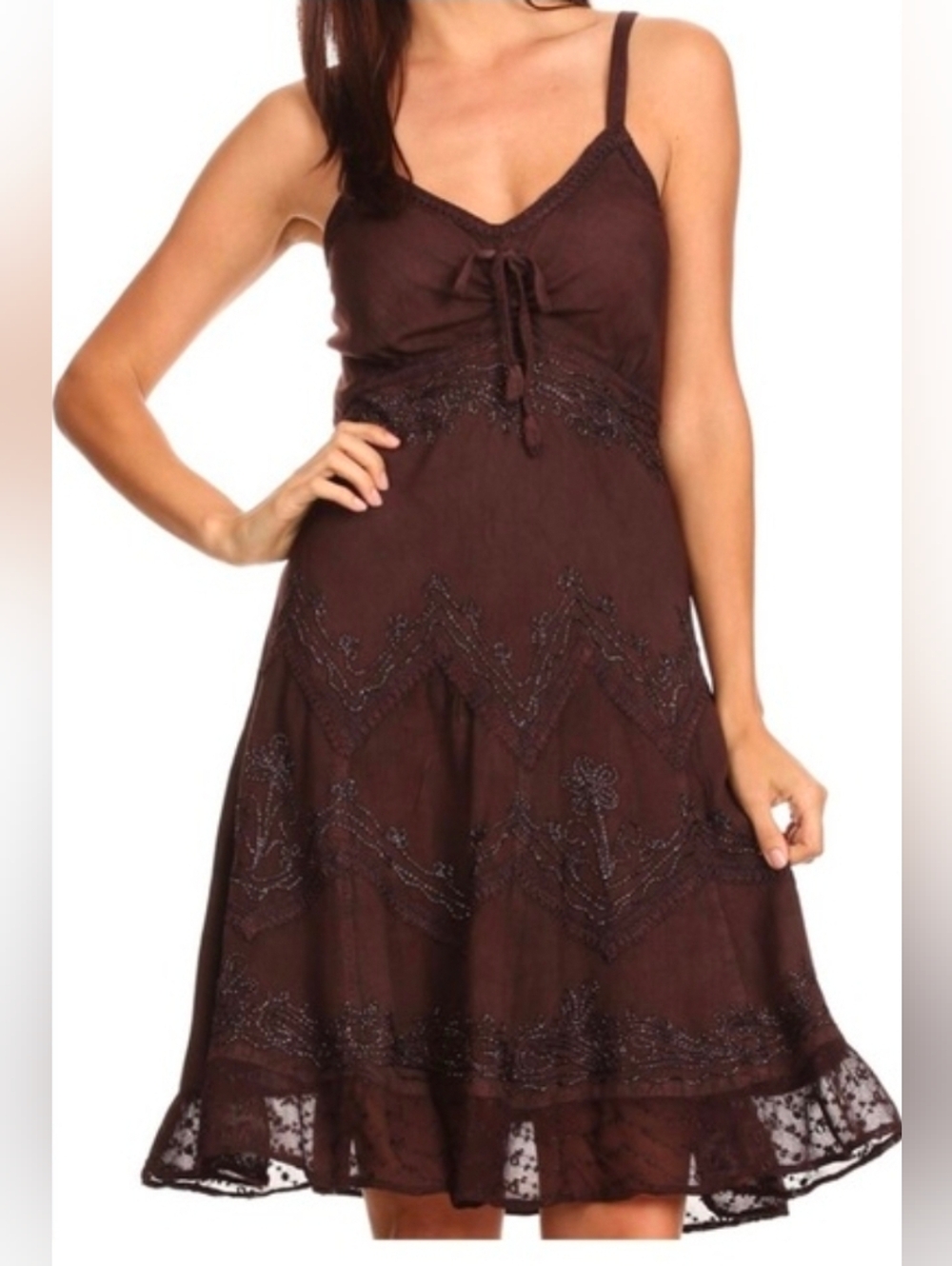 Sakkas Brown Embroidered Spaghetti Strap 1X/2X dress Feminine Pirate Summer
